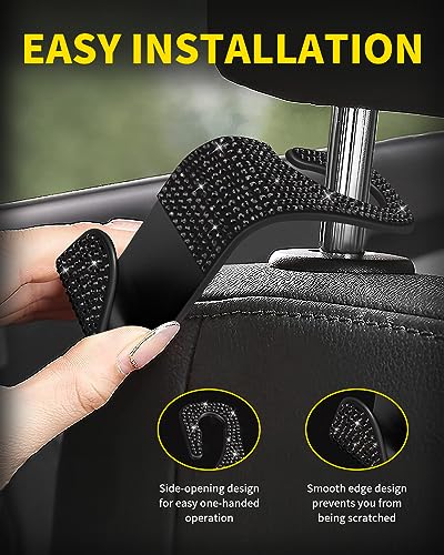 4 Pack Blink Diamond Car Seat Headrest Hooks Crystal Rhinestone Car Purse Holder Universal Interior Accessories for Handbags, Water Bottles, Coats, Umbrellas, Black - color: Black