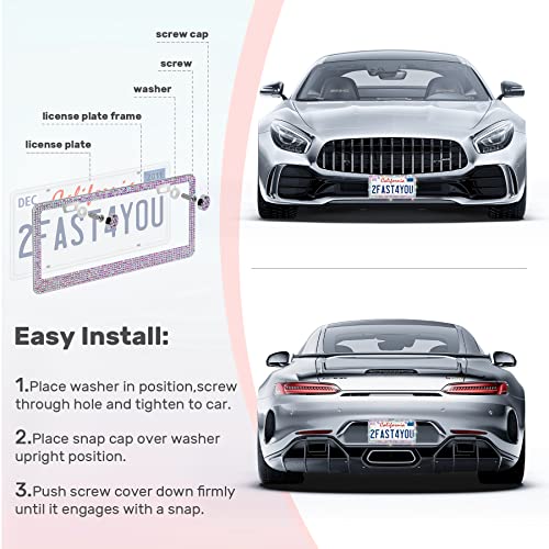 QUANQIUFEI 2 Pack Bling License Plate Frames, Sparkly Rhinestone Diamond Car License Plate Cover for Women, Stainless Steel Car Accessories with Glitter Crystal Caps (Colorful)