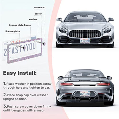 QUANQIUFEI 2 Pack Bling License Plate Frames, Sparkly Rhinestone Diamond Car License Plate Cover for Women, Stainless Steel Car Accessories with Glitter Crystal Caps (Colorful)
