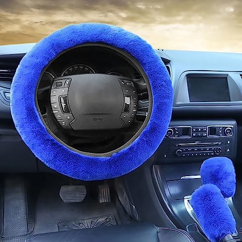 Cute Fluffy Steering Wheel Cover Set for Women, YUNXNYC 1 Set 8 Pieces Fluffy Car Accessories Set Soft Fuzz Handbrake Cover Gear Shift Cover Fur Seat Belt Shoulder Pads Furry Ball Key Chain (Blue) - color: Blue