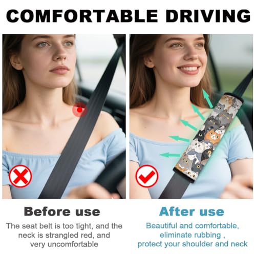 2Pcs Soft Auto Seat Belt Cover Pad Cute Cat Print Colorful Car Seatbelt Shoulder Cushion for Comfortable Driving, Compatible with All Cars' Seatbelt and Backpack Straps