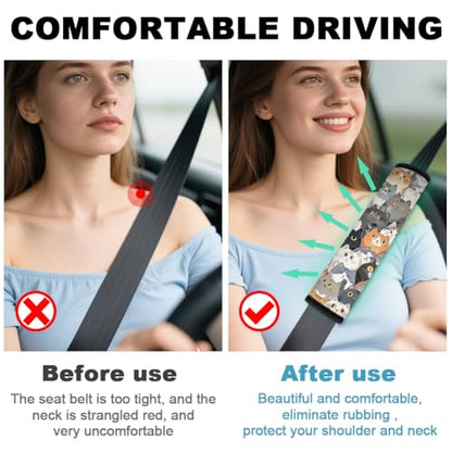 2Pcs Soft Auto Seat Belt Cover Pad Cute Cat Print Colorful Car Seatbelt Shoulder Cushion for Comfortable Driving, Compatible with All Cars' Seatbelt and Backpack Straps
