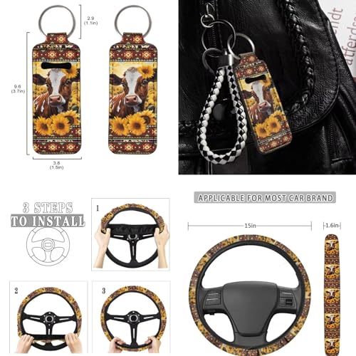 Sunflower Cow Car Seat Covers Full Set 11pcs Cow Car Accessories with Cow Auto Steering Wheel Cover Seatbelt Pads Keychain Cup Holder Pads for Most Vehicle - color: Aztec Sunflower Cow