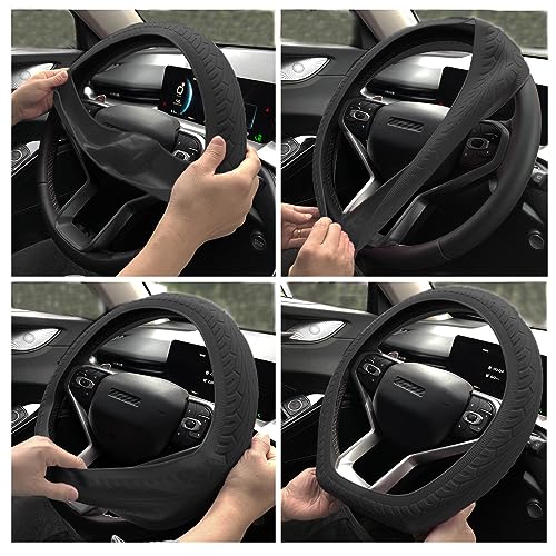 Universal Steering Wheel Cover：13.5 to 15 Inches Stretchable Silicone Anti Skid Steering Wheel Protector Fit for Most Car Models Including Round D Shape or Special Shape (Black) - color: Black