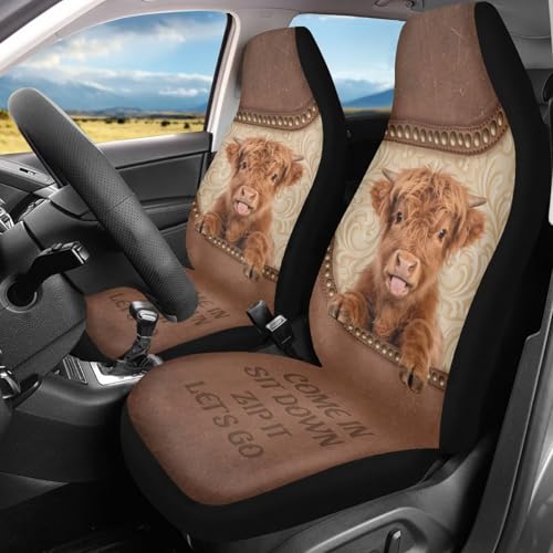 2 Pieces Car Front Seat Covers Highland Cow Print Auto Seat Protector for Cars Front Seats High Back Seats Cover for SUV, Universal Fits, Brown - color: Brown - Highland Cow