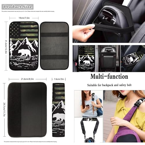 Dreaweet Car Seat Covers Full Set American Flag Mountains Bear Design Seat Covers for Truck SUV Cars with Steering Wheel Cover/Armrest Cover/Seatbelt Covers/Car Coasters/Gear Shift Cover,12 Pcs Set - color: American Flag Mountains Bear