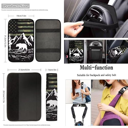 Dreaweet Car Seat Covers Full Set American Flag Mountains Bear Design Seat Covers for Truck SUV Cars with Steering Wheel Cover/Armrest Cover/Seatbelt Covers/Car Coasters/Gear Shift Cover,12 Pcs Set - color: American Flag Mountains Bear