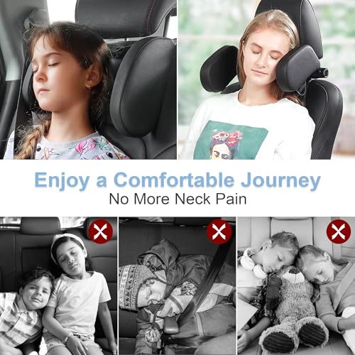 Car Headrest Pillow, Adjustable Head Rest Pillow for Car Seat, Head Neck Support for Kids Adults Travel Sleeping, Fit for Headrest with Poles (Black)