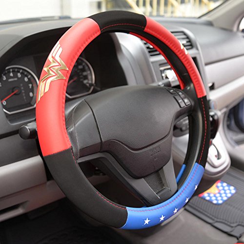BDK Wonder Woman Steering Wheel Cover - Synthetic Leather - Stars & Gold Logo - Fits All Standard Size Wheel 15 Inch, Model Number: WBSW-1904 - style: Wonder Woman - Three tone