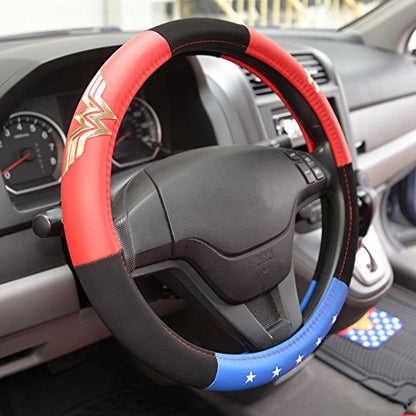 BDK Wonder Woman Steering Wheel Cover - Synthetic Leather - Stars & Gold Logo - Fits All Standard Size Wheel 15 Inch, Model Number: WBSW-1904 - style: Wonder Woman - Three tone
