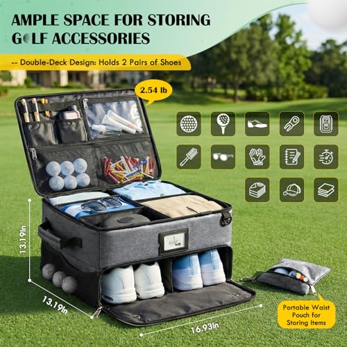 RAINSMORE Golf Trunk Organizer Golf Bag Organizers Golf Shoe Bag with Separate Ventilated Compartment for 2 Pair Shoes Golf Accessories for Balls, Gloves, Clothes - color: Grey
