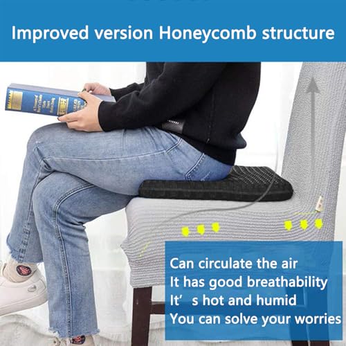 Gel Seat Cushion, for Long Sitting -Double Thick Gel Seat Cushion Breathable Honeycomb Chair Cushion with Non-Slip Cover for Office Chair Car, Wheelchair, Long Trips,Relief Sciatica Pain - color: Black