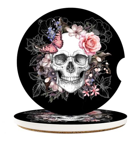 Car Coasters for Drinks Absorbent, 2 Pack Cup Holders, 2.56" Ceramic Stone & Non-Scratch Cork Base Coasters Cupholder, Auto Accessories for Women & Men, Skull Flowers Vintage Rose Floral