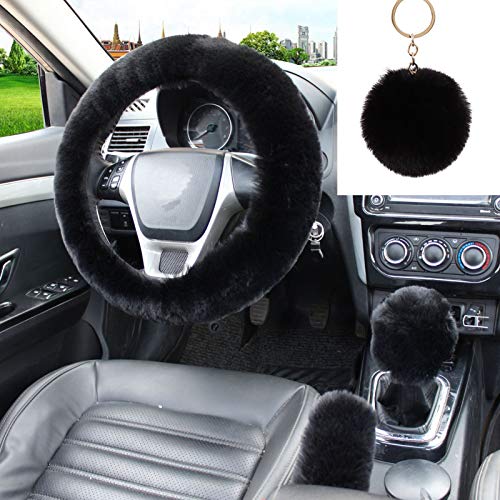 WenMei 4PCS Set Fluffy Steering Wheel Covers with Handbrake Cover&Gear Shift Cover&Plush Keychain Furry Steering Wheel Cover for Women Girl Fashion Warm Car Wheel Protector Fit Most Car (Black) - color: Black