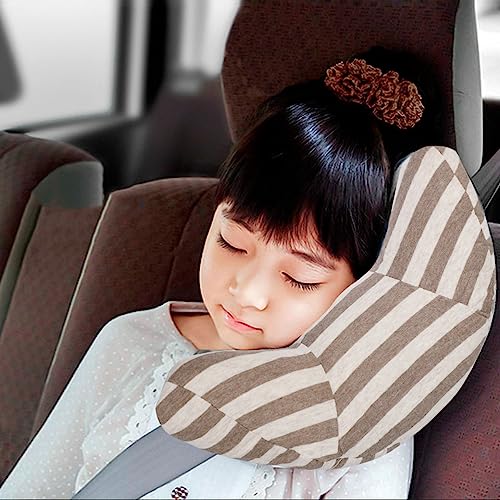 Kids Car Seat Travel Neck Pillow Soft Neck Support Cushion Car Seat Belt Cover Cushion Pillow Car Seatbelt Shoulder Pad Head Neck Support Pillow Seat Strap Pillow for Car Airplane Pushchair Travel - color: Coffee Strips