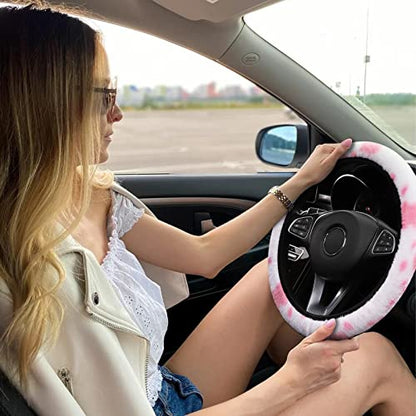 JINGSEN11 Pieces Fluffy Car Accessories Set,Fluffy Cow Print Plush Steering Wheel Covers for Women Soft Fleece Handbrake Cover Shift Cover Car Trim Warm Non-Slip(Pink) - size: pink
