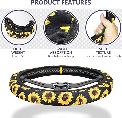 Sunflower Steering Wheel Cover Dreams Car Set: Women's Delightful Yellow Accessories with Cute Stuff Featuring Wheel Cover, Adorable Keychain,2 Car Cup Holder for a Cute and Vibrant Driving Experience - color: Sunflower
