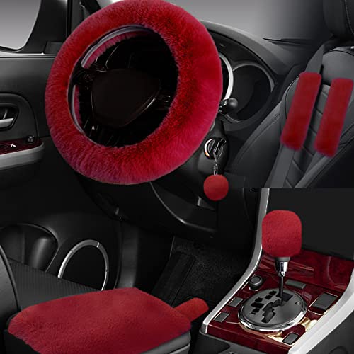 7PCS Set car Interior Aesthetic Accessories, Fluffy 15 inch Steering Wheel Cover, armrest pad, seat Belt Cover,Gear Shift Cover, Fit Girly car Accessories for Women.