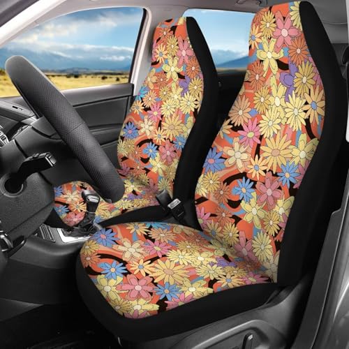 FUSURIRE Automotive Seat Covers Full Set of 4 Pcs, Colorful Daisy Wavey Print Front Seat Cover and Rear Bench Cover, Novelty Car Accessories Universal Fit - color: Colorful Daisy Wavey Print