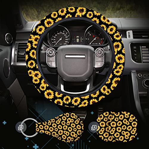Sunflower Steering Wheel Cover Dreams Car Set: Women's Delightful Yellow Accessories with Cute Stuff Featuring Wheel Cover, Adorable Keychain,2 Car Cup Holder for a Cute and Vibrant Driving Experience - color: Sunflower