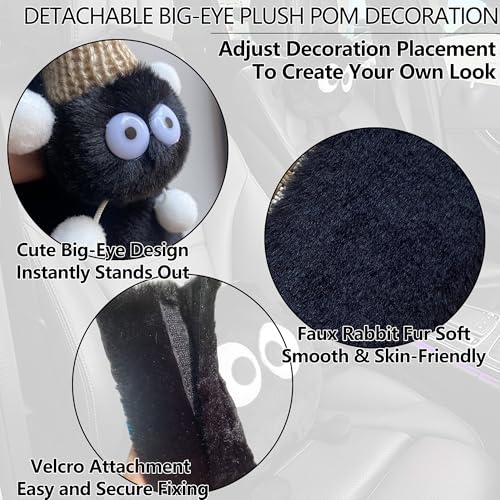 Car Headrest Pillow & Steering Wheel Cover Set with Cute Big-Eyed Furball Travel Neck Support Pillow Fur Car Interior Accessory (Black 5Pcs Set) - color: Black 5pcs Set