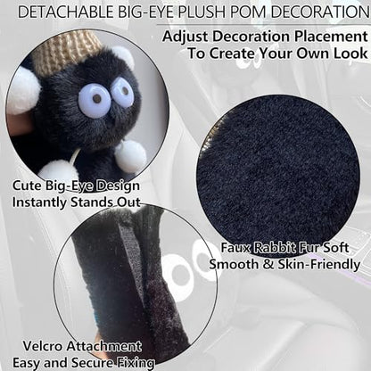 Car Headrest Pillow & Steering Wheel Cover Set with Cute Big-Eyed Furball Travel Neck Support Pillow Fur Car Interior Accessory (Black 5Pcs Set) - color: Black 5pcs Set