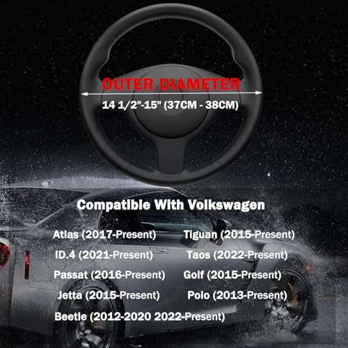 D-Shaped Steering Wheel Cover for Volkswagen VW Atlas Tiguan Jetta ID.4 Passat Taos Golf Beetle Polo GTI Touareg CC SEL SE R-line S Cross Sport Car Accessories, 14.5-15 inch Black