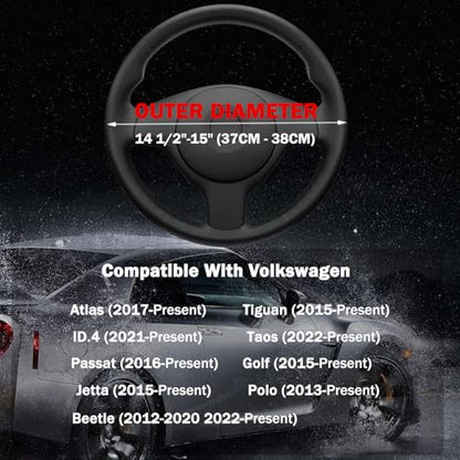 D-Shaped Steering Wheel Cover for Volkswagen VW Atlas Tiguan Jetta ID.4 Passat Taos Golf Beetle Polo GTI Touareg CC SEL SE R-line S Cross Sport Car Accessories, 14.5-15 inch Black