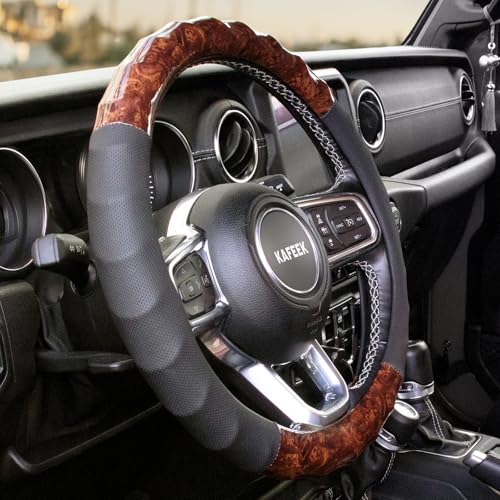 Wood Grain Steering Wheel Cover, Universal 15 Inch, Car Steering Wheel Protector Men Women, Comfort Finger Grips, Breathable Microfiber Leather, Anti-Slip, Black