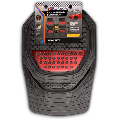 NASCAR Elite Car Floor Mats – 4-Piece Set | Heavy Duty All-Weather Rubber | Universal Trim-to-Fit for Cars, Trucks, & SUVs | Traps Dirt, Snow & Water | Red & Black Floor Mats