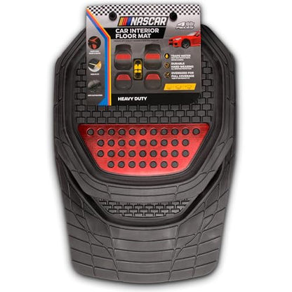 NASCAR Elite Car Floor Mats – 4-Piece Set | Heavy Duty All-Weather Rubber | Universal Trim-to-Fit for Cars, Trucks, & SUVs | Traps Dirt, Snow & Water | Red & Black Floor Mats