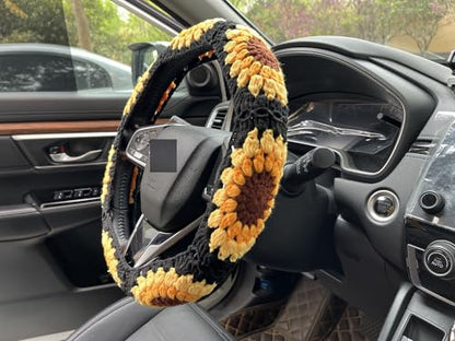 Handmade Crochet Sunflower Car Steering Wheel Covers Universal 14-15 inch for Women and Men (Black:Steering Wheel Cover) - color: Black:Steering Wheel Cover