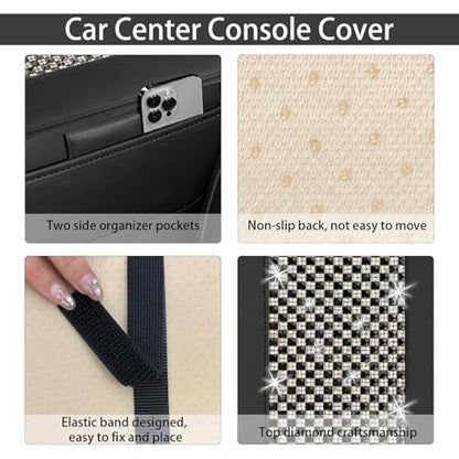 NBTEPEM Bling Car Armrest Cover, Universal Microfiber Leather Center Console Cover with 2 Pockets, Rhinestone Car Armrest Cushion Protector, Bling Accessories Interior (Black Diamond) - color: Black Diamond