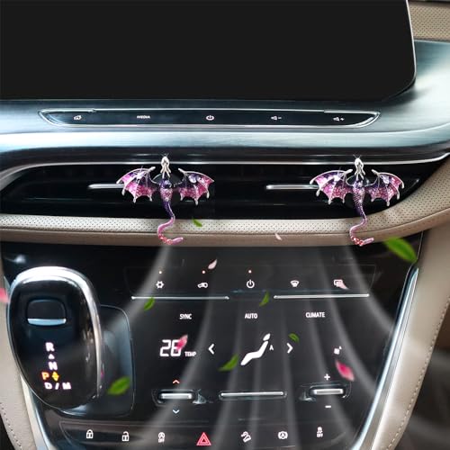 ORIESSE Bling Wyvern Car Air Freshener Vent Clips,2pcs Alloy Purple Enamel Dragon Vent Clips Car Accessories,Refillable Car Diffuser with Felt Mads,Coffee Fragrance Tablets