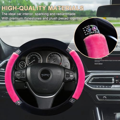 Fluffy Steering Wheel Cover, Universal 15 Inch Colorful Rhinestones Car Steering Wheel Cover, Sparkly Crystal Diamond Steering Wheel Protector for Women Girls,Rose Red - color: Rose Red