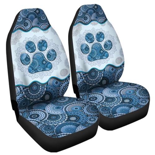 Howilath Blue Boho Mandala Dog Paw Printed Car Front Seat Covers Set of 2, Non Slip Auto Seat Covers Accessories Strength Seats Cushion Universal Fit All Vehicle Cars - color: Blue Boho Mandala Dog Paw