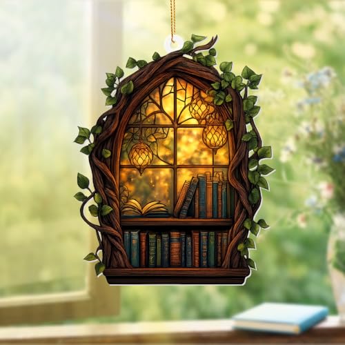 Gothic Window Book Ornament – Stained Glass Style Acrylic Christmas Ornament with Books & Ivy, Fantasy Home Décor, Book Lover Gifts for Women, Teacher & Librarian Holiday Decoration(Sun-19) - color: Sun-19