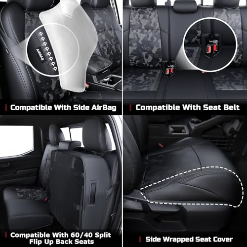 Leather Seat Covers Custom Fit for 2024-2026 Tacoma Gen 4th Double Cab - Fully Covered - Fit Like a Glove - Center Console Armrest Covers Included - Camouflage Black & Black Stitching