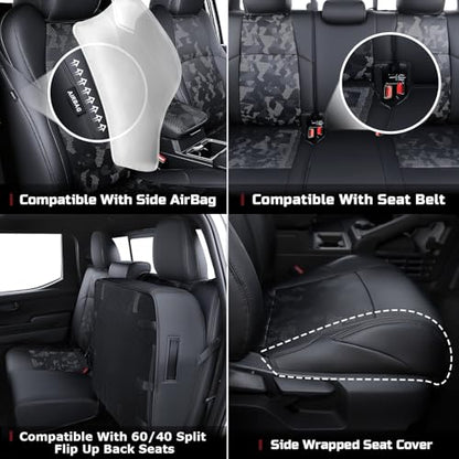 Leather Seat Covers Custom Fit for 2024-2026 Tacoma Gen 4th Double Cab - Fully Covered - Fit Like a Glove - Center Console Armrest Covers Included - Camouflage Black & Black Stitching