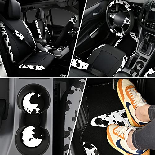 CAR-PASS Cow Print Car Accessories Sets Faux Leather Car Seat Covers & Cow Car Mats & Cow Steering Wheel Cover Seat Belt Pads Universal fit for SUV,Van,Saden,Truck Cute Automobile Interior Sets Women - color: Cow Print Combo