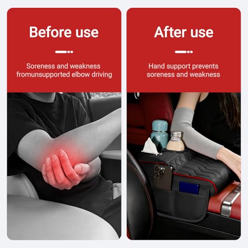 Upgraded Car Center Console Cover,PU Leather Car Armrest Cover Cushion Contains High Elasticity Sponge with Cup Holder,2 Storage Bags Tissue Box (White-B) - color: White-B