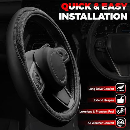 Ouzorp Car Steering Wheel Cover, Microfiber Leather Steering Wheel Covers with Anti-Slip Lining, Universal 14.5-15 inchs Black - color: Black,Medium(Standard) Size[14.5"-15"]