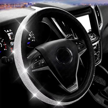 Bling Diamond Leather Steering Wheel Cover, Pink Steering Wheel Covers for Women Girls with Crystal Rhinestones, Universal Fit 14.5-15 Inch Car Steering Wheel Bling Cover Accessories - color: Black