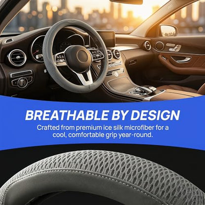 38cm Car Steering Wheel Cover, Universal 15 inch, Microfiber Breathable Ice Silk, Anti-Slip, Odorless, Easy to Install - color: GRAY