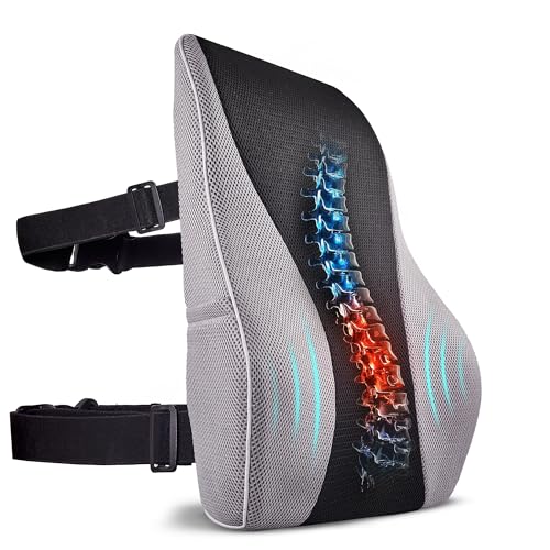 Extra Dense Lumbar Pillow with Double Adjustable Straps - Ergonomic Lumbar Support Pillow for Office Chair, Car, Couch Firm Back Support for Lower Back & Spine Pain Relief Memory Foam Cushion - color: Black & Gray