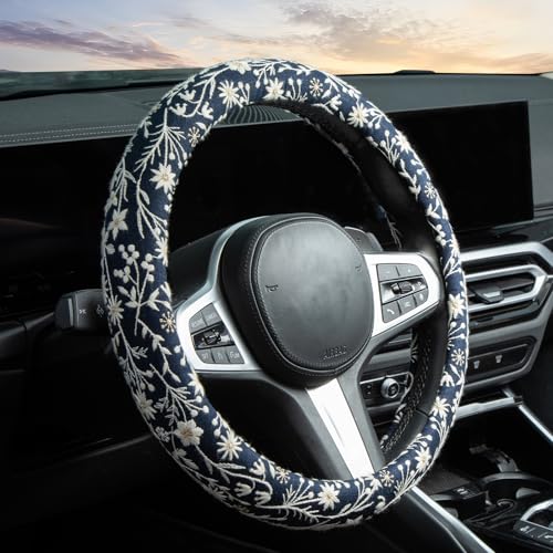 Brown Japanese Style Flower Steering Wheel Cover Auto Embroidery Steering Wheel Protector, Anti-Slip, Breathable, Absorbing Sweat, Universal Car Accessories 14.5–15 inch,Fit for Most Car, Trucks, SUV - style: Black Japanese Style Flower JQ