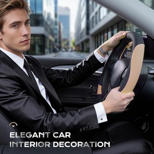Coverado Car Steering Wheel Cover, Nappa Leather Black & Brown Steering Wheel Covers, Universal 14-15 inch, Anti-Slip, Breathable Steering Wheel Protector for Women Men - color: B-BlackBrown