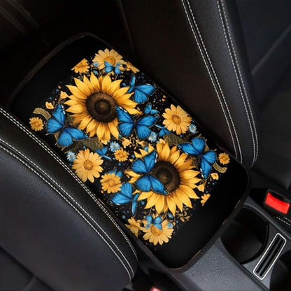 Butterfly Sunflower Print Car Console Covers for SUV,Universal Car Center Console Cushion Pad for Women - color: Butterfly Sunflower