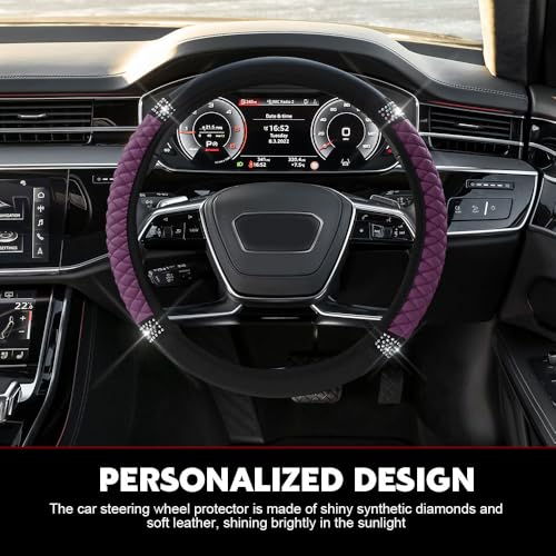 Car Steering Wheel Cover, Steering Wheel Accessories, Breathable Microfiber Leather Auto Wheels Protector, Universal 15 Inch Anti-Slip Protector for SUV Sedan Truck (Bling-Purple)
