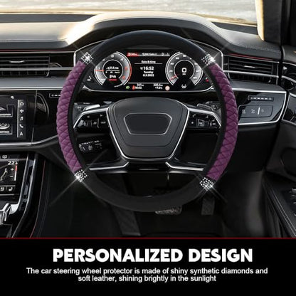Car Steering Wheel Cover, Steering Wheel Accessories, Breathable Microfiber Leather Auto Wheels Protector, Universal 15 Inch Anti-Slip Protector for SUV Sedan Truck (Bling-Purple)